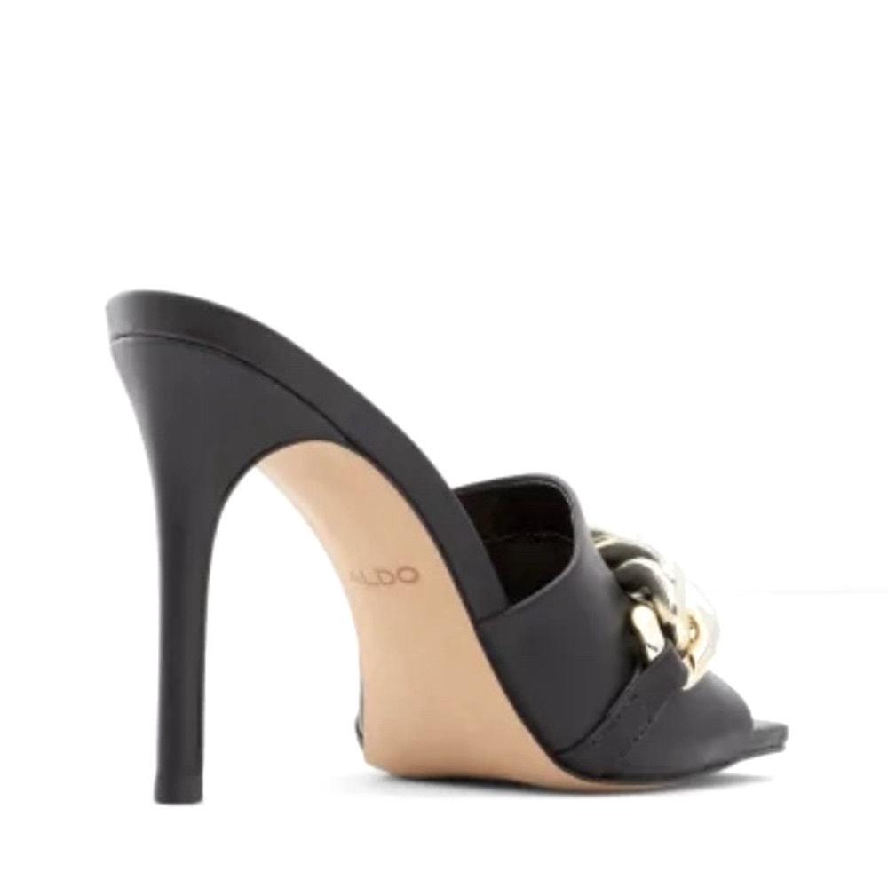 Aldo High Heel Black Leather Square Toe Sandals /Mules w/ Gold Chain Size 6.5 - Picture 2 of 12